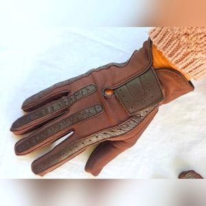 Vintage Isotoner Chevron Leather Cloth brown driving gloves size small